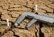 © Redoyan - Metal vernier caliper measuring cracks in dry, parched earth with small white markers placed in the soil for scientific research and analysis