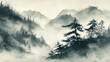 © coma3d - 霧が立ち込める深い山々を描いた伝統的な水墨画・和風の風景背景