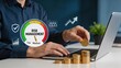 © Morgan - Risk management gauge meter showing low to medium levels, businessman stacking gold coins on desk with laptop, financial investment growth strategy, economic stability and profit