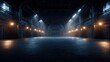 © gandox - Dimly lit industrial corridor features contrasting overhead blue and wall mounted amber illumination