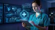© Leo - Medical Doctor Using Tablet With Digital Healthcare Data, Patient Vital Stats And Telemedicine Consultation Interface In Modern Hospital Control Room Environment