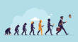 © Antu - Human evolution timeline showing the progression from ancient primates to a modern professional man walking toward a butterfly in the sky.