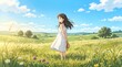 © Polash - Young girl in a white dress standing in a beautiful sunny green meadow with flowers.