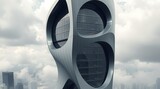 Futuristic skyscraper with unique curved design towers above city clouds