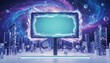 © CrazyJuke - Futuristic Billboard in a Digital City: A glowing, digital billboard stands at the center of a futuristic cityscape, surrounded by abstract geometric shapes and a swirling galaxy backdrop.