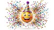 © Iram - Festive party emoji with colorful birthday hat, exploding confetti and streamers, joyful celebration emoticon for holiday events isolated on White Background