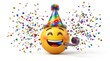 © Ali - Festive party emoji with rainbow hat and confetti, cheerful celebration emoticon with blower, joyful birthday face for greeting cards isolated on Transparent Background