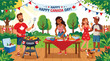 © RS Digital - Happy Canada Day celebration with diverse friends enjoying outdoor backyard barbecue party in summer garden