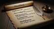 © Jungkir - Vintage Parchment Scroll Displaying Sophisticated Vocabulary Words with Quill Pen.