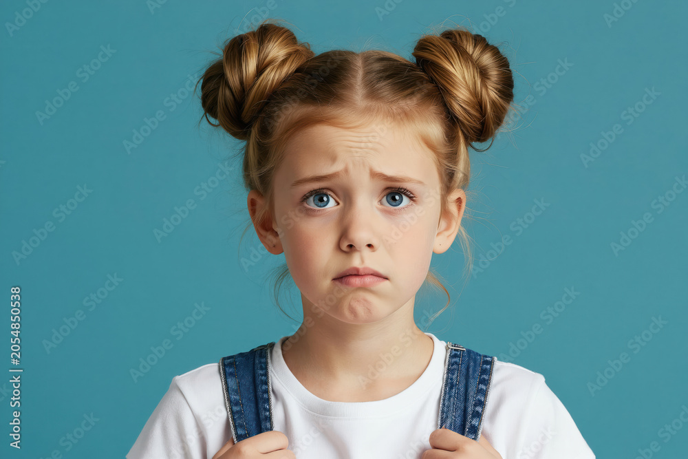 Young girl with blonde hair in buns looks confused with worried expression. Child has blue eyes and furrowed brow. She wears blue denim overalls over white t shirt against teal background.