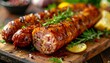 © Hanania Project - Grilled sausages on wooden cutting board.