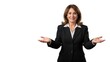 © shinha - Smiling professional businesswoman in black suit with arms extended presenting on white Wallpaper Background image