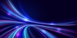 © Phantip - Abstract glowing light trails converging and intersecting on a dark blue background, symbolizing digital connectivity, data flow and advanced technology. Vector illustration.