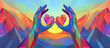 © exe - Vibrant hands hold heart shaped sunrise between mountains