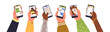 © Good Studio - Hands holding smartphone screens, using mobile apps, set. Chat, social media, mail and video call applications on smart phone, cellphone. Flat vector illustrations isolated on white background