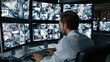 © The Little Hut - Security guard monitors multiple surveillance camera feeds on large screens in a control room