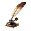 © LuvLuv - Antique quill pen inserted into an ornate vintage inkwell, featuring a detailed feather and metallic base, isolated on transparent background.