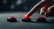 © Al - Closeup of a human finger pressing a glowing red button on a dark textured surface, conceptual choice and decision