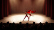 © master1305 - Ballet duet performing red fabric dance before seated theater audience. Concept of live dance show, theater ticket campaign, cultural event poster, romantic stage performance.