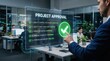 © MOON - Businessman Approving Project on Futuristic Interactive Holographic Screen, Quality Control Compliance Audit and Budgetary Review Confirmed in Modern Corporate Office Workspace at Night