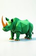 © Maryna - Low poly green rhino illustration with orange horn and feet. Geometric animal art, abstract wildlife design. Modern, simple, clean style on white background.