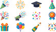 © Akramul - Party and celebration flat icons set, birthday confetti, balloons, graduation hat and fireworks vector illustration