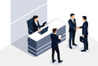 © Joele - Isometric view of a modern business office reception area with a receptionist at a desk and two businessmen shaking hands nearby.