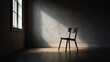 © Lucy - recent. Single tilted chair in an empty room with dramatic side lighting and deep shadows. travel magazines, destination branding, designed for outdoor magazines and nature guides.