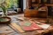 © dalkosaminrah - Rustic craft workshop table with handmade paper, wooden artist studio with natural sunlight, creative stationery design workspace with dried flowers
