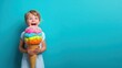 © Sergey - Laughing child holding giant colorful ice cream cone almost as large as , bright turquoise background, vibrant summer energy, ultra realistic
