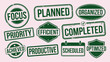 © Geetaroy - planned project tasks, efficient workflow icons, completed project stamps, productive work pattern, scheduled milestones labels, business project background, task management graphic, project completio