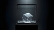 © 3AN - Solitary melting ice cube displayed inside a sleek glass showcase under a dramatic spotlight.