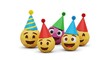 © Fariha - Handmade papercraft emoji characters with party hats, group of five expressive 3D paper smileys, festive low poly emoticon figures for celebration