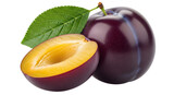 Ripe plums with leaf and halved fruit isolated on transparent background