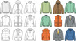 © Md Atiar Rahman - Flat Lay Vector Set of Men Outerwear Jackets Vests Hoodies and Blazers in Outline and Colored Styles