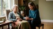 © OlgaNeuroArt - Adult daughter holding the hand of her elderly mother resting in an armchair. Family support and palliative care at home. Comforting senior woman in a domestic setting