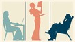 © LaVisionique - Three silhouetted figures work in separate zones. Left: woman types on laptop, focused and calm. Center: woman holds tablet, gestures confidently. Right: man sits relaxed, reading book, thoughtful