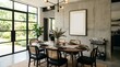 © UrbanRender - Dining room setting with chairs arranged around an oval table featuring tableware and a vase with dried plants a large window showing greenery and a blank picture frame on a concrete wall