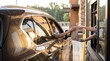 © ALLmost - A person in a brown SUV receiving a food order in a paper bag from a drive-thru window attendant during daytime.