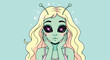 © mumadadah - Cartoon alien woman with long blonde hair and antennae on her head looking surprised