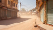 © tojirapong - A deserted street shrouded in dust, showing closed shops and a quiet atmosphere under a bright sun.