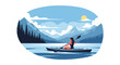 © Amie - Flat style vector illustration of a female traveler enjoying outdoor kayaking adventure in Canada, ideal for tourism campaigns, travel blogs and destination marketing projects