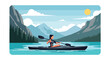 © Amie - Flat style vector illustration of a female traveler enjoying outdoor kayaking adventure in Canada, ideal for tourism campaigns, travel blogs and destination marketing projects