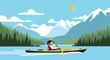 © Amie - Flat style vector illustration of a female traveler enjoying outdoor kayaking adventure in Canada, ideal for tourism campaigns, travel blogs and destination marketing projects