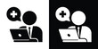 © bibin - Online doctor consulting on laptop icon. Male physician with cross speech bubble. Telehealth and remote medical advisor symbol set.