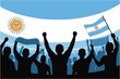 © Rongela art - Argentina soccer fans cheering in stadium with flags and banners, energetic crowd in silhouette style on white background