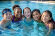 © mila103 - Group of children smiling together in outdoor swimming pool