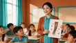 © Megin Design - Asian female teacher showing lice diagram to students in classroom. Health education lesson about pediculosis and hair hygiene in school. Elementary school pupils learning about parasites