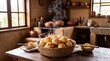 © AdPremium - Freshly baked Brazilian cheese bread steaming in a wicker basket on a rustic wooden table in a traditional country kitchen