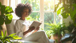 © Neural Canvas - Woman reading book natural light indoor plant cozy home peaceful mood white clothing sunny window green foliage relaxed posture morning light woman reading book near sunny window with lush indoor